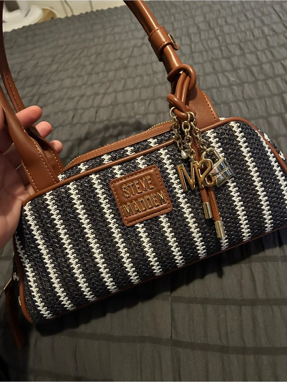 Steve Madden Black & White Striped Shoulder Bag with Brown Trim
